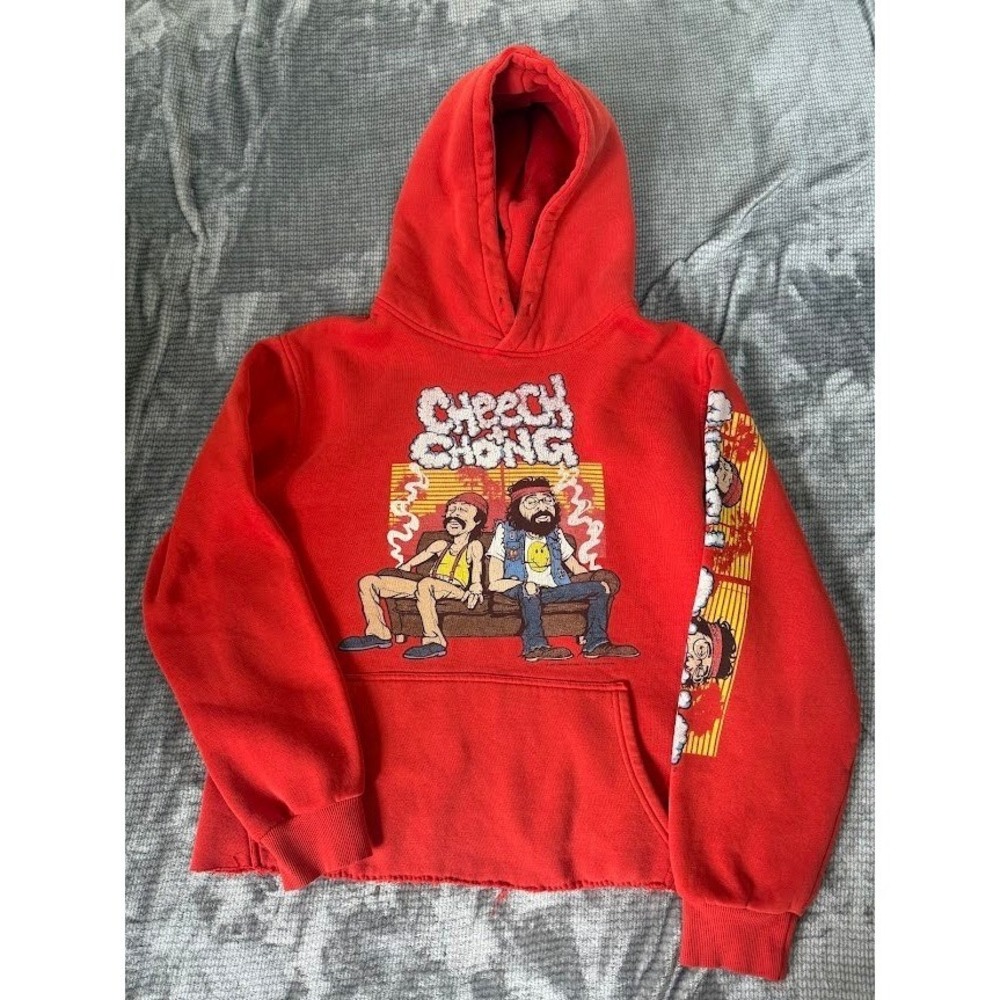 Liquid Blue Cheech & Chong Red Graphic Hoodie Cropped Raw Hem Mens Medium